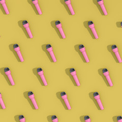Pink Microfone pattern on yellow background. 3D Rendering.