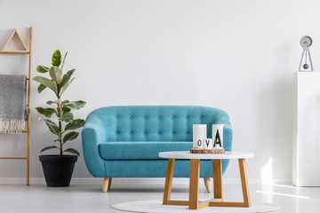 White wooden coffee table next to blue elegant couch in bright living room interior with plant in...