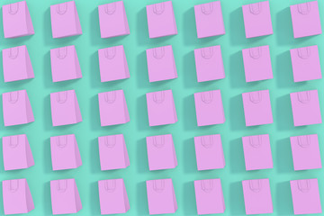 Pink shopping bag pattern on blue background.