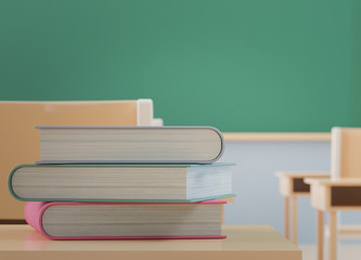 Back to school concept, books on table in classroom without student with chairs and tables in campus, 3D Rendering