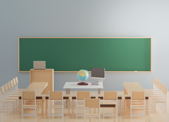 Back to school concept, world globe on table in classroom without student with chairs and tables in campus, 3D Rendering