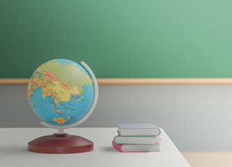 Back to school concept, world globe on table in classroom without student with chairs and tables in campus, 3D Rendering