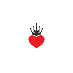 Flat red heart with royal crown isolated on white background. Love, romantic icon.