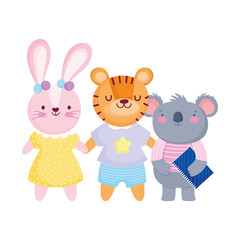 back to school, koala with book and tiger rabbit cartoon