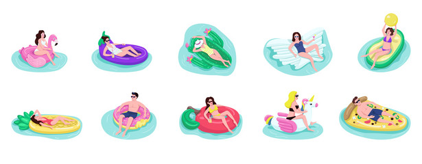 People float on air mattresses flat color vector faceless characters set. Adult guys and girls drinks cocktail in pool. Tourists sunbathing isolated cartoon illustrations on white background