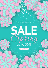 Sale banners women's day. March 8 flower card. International Happy Women's Day. Holiday 3d background of pink paper flower on green backdrop with square frame. Trendy design template. Vector 