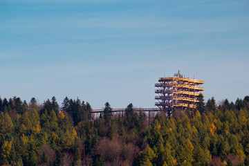 Fototapeta na wymiar Treetop observation tower in resort town Krynica-Zdroj in autumn. View from Jaworzyna Krynicka Mountain.