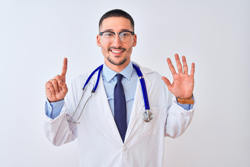 Fototapeta na wymiar Young doctor man wearing stethoscope over isolated background showing and pointing up with fingers number six while smiling confident and happy.