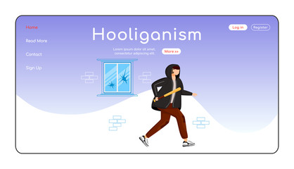 Hooliganism landing page flat color vector template. Public property destruction. Intentional damage. Homepage layout. One page website interface with cartoon character. Web banner, webpage - obrazy, fototapety, plakaty