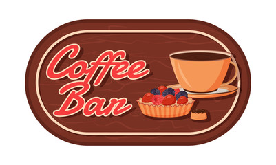 Coffee bar flat color vector label. Hot chocolate. Fruit tart. Baked food. Dessert packaging sticker. Coffee and cake patch, signboard with typography. Pastry isolated cartoon design element
