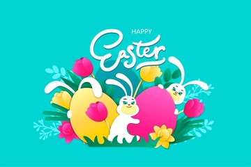 Happy Easter vector illustration with white hare, eggs and spring flowers.