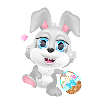 Cute bunny with Easter basket kawaii cartoon vector character. Eggs hunting symbol. Adorable and funny animal isolated sticker, patch. Anime baby rabbit, smiling hare emoji on white background