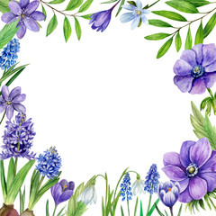 Watercolor Floral Frame. Purple and Blue  Spring Flowers with Leaves on a White Background. Hand Drawn Illustration  perfect for Invitations, Postcards and Prints