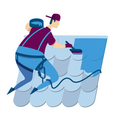 Repairman flat color vector faceless character. Handyworker painting roof blue. Man with safety belt. Guy in uniform with harness on rooftop. Home repairs isolated cartoon illustration