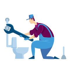 Plumber flat color vector faceless character. Specialist fixing toilet. Handyman with wrench. House improvement. Handyperson repairs pipeline. Home repairs isolated cartoon illustration