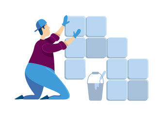 Tiler flat color vector faceless character. Man installing ceramic tiles. Guy at house renovation. Professional handyworker. Grout in mortar. Home repairs isolated cartoon illustration
