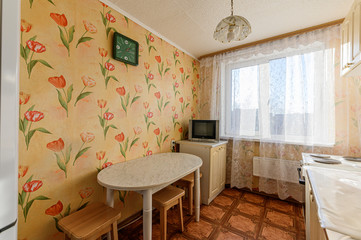 Russia, Moscow- November 04, 2019: interior room apartment modern bright cozy atmosphere. general cleaning, home decoration, preparation of house for sale. kitchen, dining area