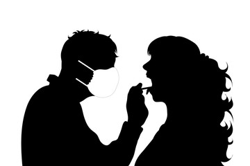 Vector silhouette of doctor examining a patient with medical mask on white background. Symbol of healthy and sick. Danger of coronavirus.