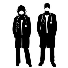 Vector silhouette of anonymous doctor with medical mask on white background. Symbol of healthy and sick. Danger of coronavirus.