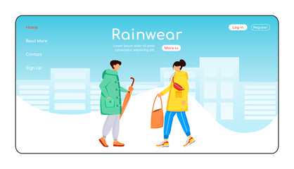 Rainwear landing page flat color vector template. Raincoat and boots homepage layout. Male with leaves one page website interface with cartoon character. Rainy day web banner, webpage