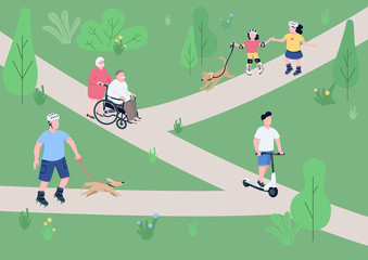 Obraz na płótnie Canvas Weekend relax in park flat color vector illustration. Roller skaters, kids with pets, boy on electric scooter, elderly couple 2D cartoon characters with trees and paths on background