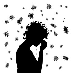 Vector silhouette of woman spreading bacteria on white background. Symbol of disease and coronavirus.