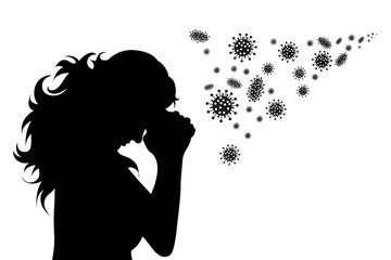 Vector silhouette of woman scary of bacteria and is praying on white background. Symbol of disease and coronavirus.