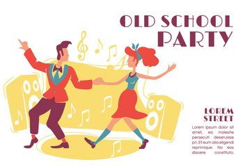 Old school party banner flat vector template. Rock n roll retro style disco, 70s dances. Brochure, poster concept design with cartoon characters. Horizontal flyer, leaflet with place for text