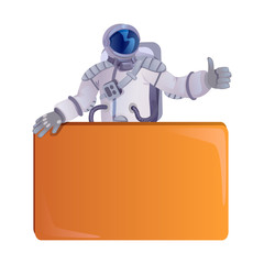 Fototapeta premium Astronaut flat cartoon vector illustration. Spaceman, cosmonaut holding empty banner. Ready to use 2d character template for commercial, animation, printing design. Isolated comic hero