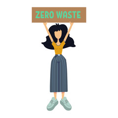 Zero waste flat cartoon vector illustration. Woman holds banner with slogan. Environmental activist. Ready to use 2d character template for commercial, animation, printing design. Isolated comic hero