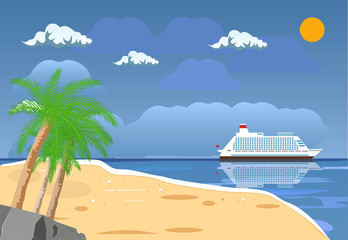 Landscape of islands and beach. Cruise liner ship. Sun with reflection in water and clouds. Day in tropical place. Vector illustration in flat style