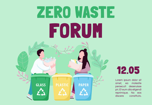 Zero waste forum banner flat vector template. Trash sorting and recycling. Brochure, poster concept design with cartoon characters. Eco friendly living horizontal flyer, leaflet with place for text