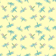 Seamless texture Set of dragonflies insects watercolor bright summer wings on yellow background