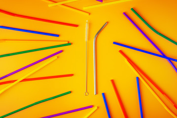 Plastic free concept, the use of metal reusable tubes for beverages, zero waste consumption