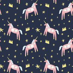 Seamless pattern with modern unicorns and stars, space constellations. Beautiful wall art wrapping paper or cloth texture with repeated contour ornate animals. Patterned horses in Scandinavian style.  © Knstart Studio