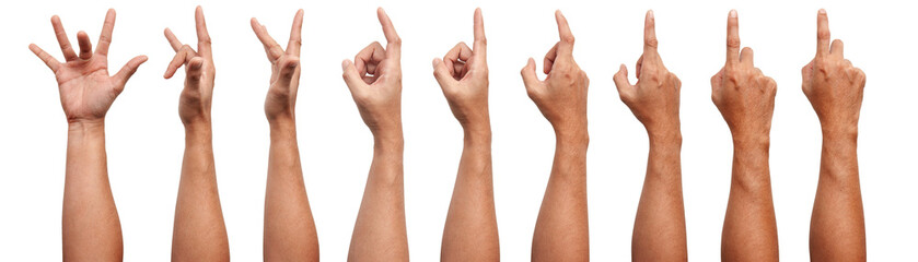 GROUP OF Male Asian hand gestures isolated over the white background. Pointing Visual Touch Action.