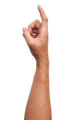 Male Asian hand gestures isolated over the white background. Pointing Visual Touch Action.