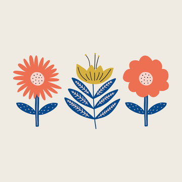 Modern folk boho single isolated flowers in Scandinavian style. Floral Slovak plant cutout collage decor elements. Swedish folklore drawing, Nordic wildflower concept. Vector EPS clip art