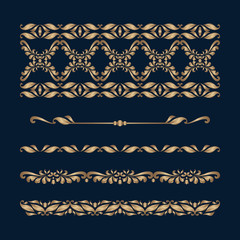 Vintage gold border patterns on dark blue background. Set of dividers and scroll design elements in baroque style. Elegant decoration for book cover or packaging design.