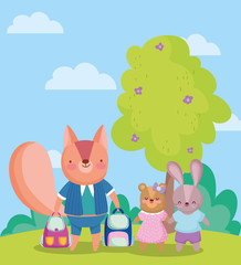 back to school, squirrel bear and rabbit with backpack outdoor