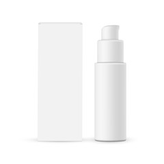 Cosmetic pump bottle with cardboard box mockup isolated on white background. Vector illustration