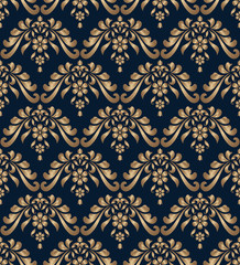 Elegant damask pattern with golden floral swirls. Gold scrolls on dark blue background. Vintage ornate wallpaper. Seamless ornament in baroque style.