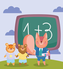 back to school, bear squirrel tiger students chalkboard