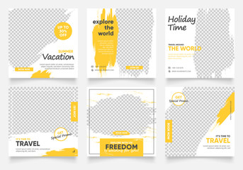 social media post template for travel holiday tourism marketing and sale promo. tour advertising. banner offer. promotional mockup photo vector frame illustration