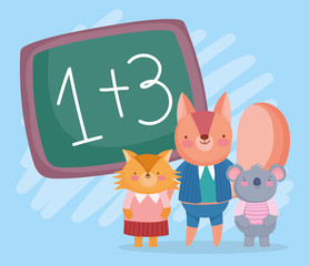 back to school, fox squirrel koala chalkboard students cartoon