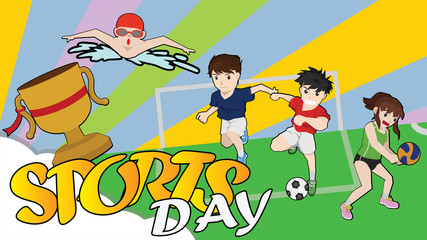 Obraz premium Sports Day Poster Vector illustration. Different sports and competitions As well as trophies in the cartoon style competition.