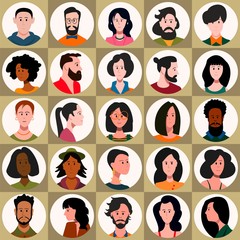 Set of cartoon characters. Cool avatars icons. Flat design. Men and women of different ages and nationalities. Funny bright vector illustration.Isolated on white.