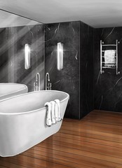 Bathroom and toilet in a modern apartment. Picture on the door. Visualization. Stylish interior. Illustration 3d - interior of residential premises for design project.