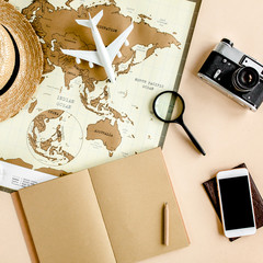 Planning vacation, travel plan, trip vacation using world map along with other travel accessories....