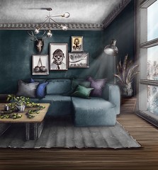The interior of the apartment.  Beautiful furniture in the room.  Elegant atmosphere for a comfortable life.  Visualization, drawing, picture, sketch, illustration 3d. 